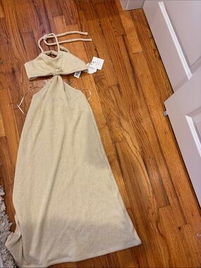Peixoto Shimmery Halter Cutout Maxi Dress in Champagne